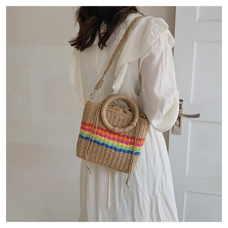 Rainbow Womens Straw Tote Hand Bag With Round Handles-Showtown