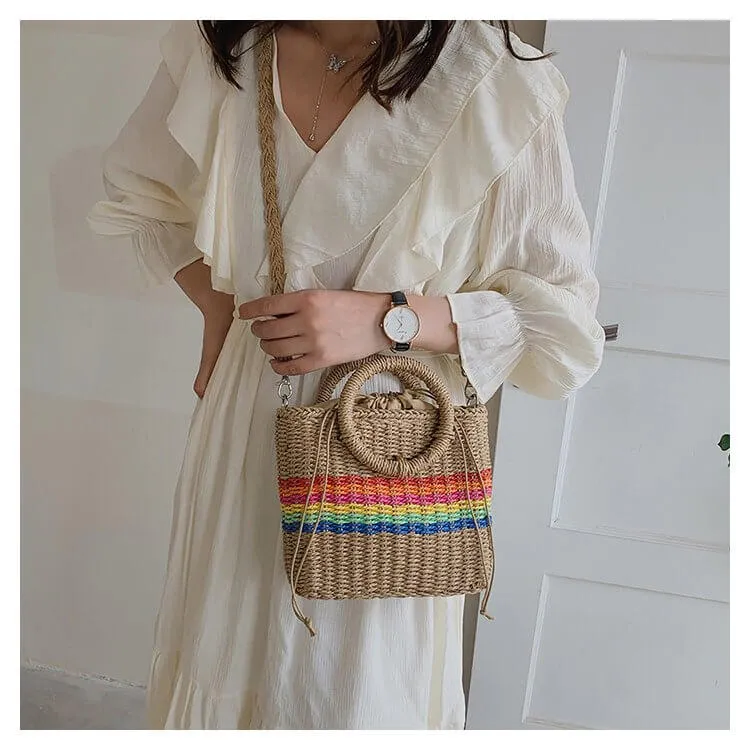 Rainbow Womens Straw Tote Hand Bag With Round Handles-Showtown