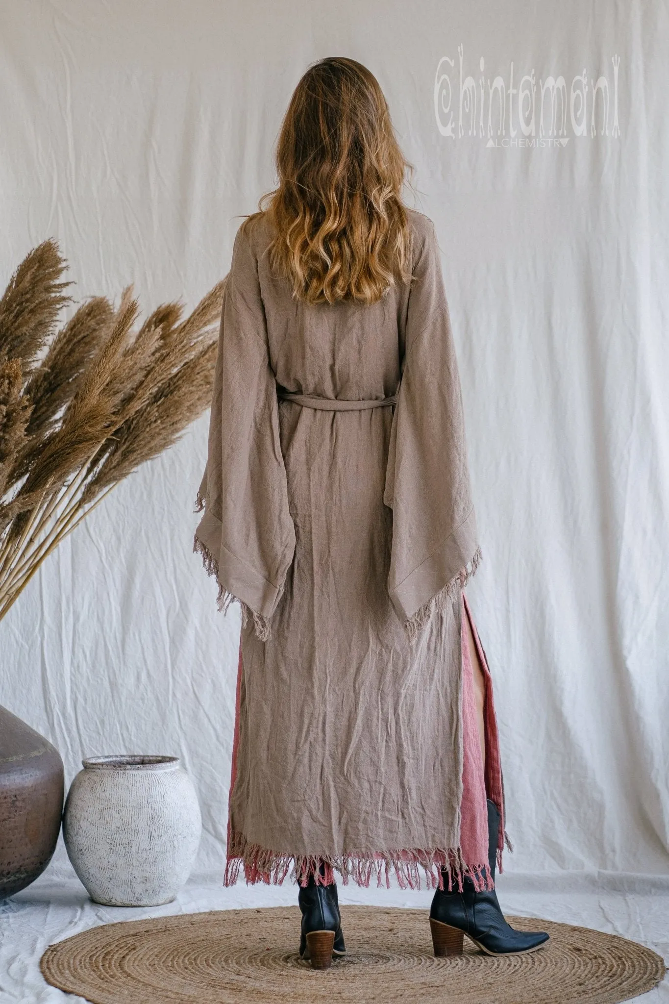 Raw Cotton Fringe Kimono Cardigan ∆ Wrap Jacket / Coffee