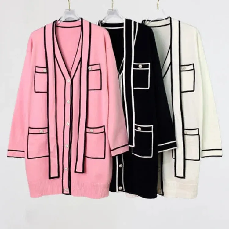 Retro Chic Delight: Belted Pockets V-Neck Sweater - Unleash Your Vintage Vibes! 🌸👚