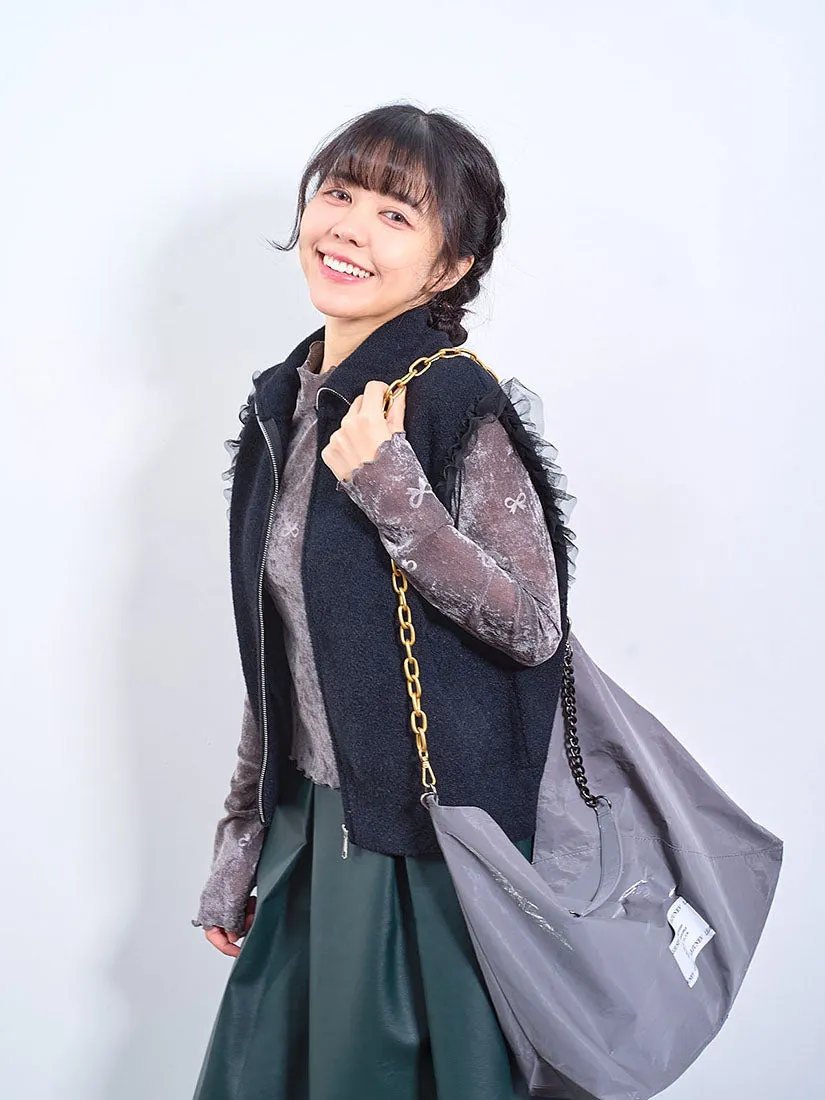 Ruffle Mesh Detailed Zip Up Knitted Vest (2 Colours)