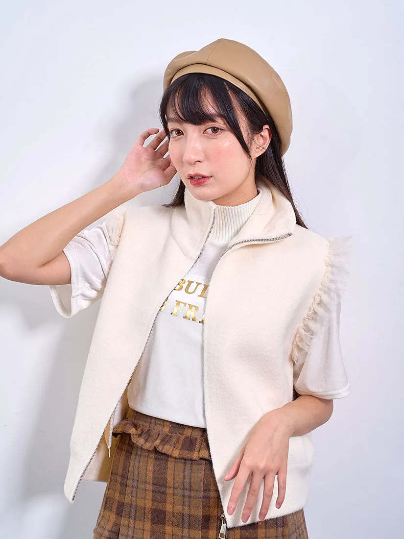 Ruffle Mesh Detailed Zip Up Knitted Vest (2 Colours)