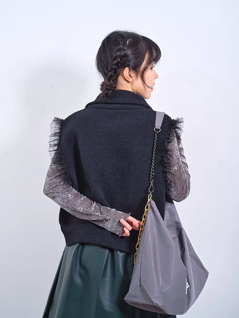 Ruffle Mesh Detailed Zip Up Knitted Vest (2 Colours)