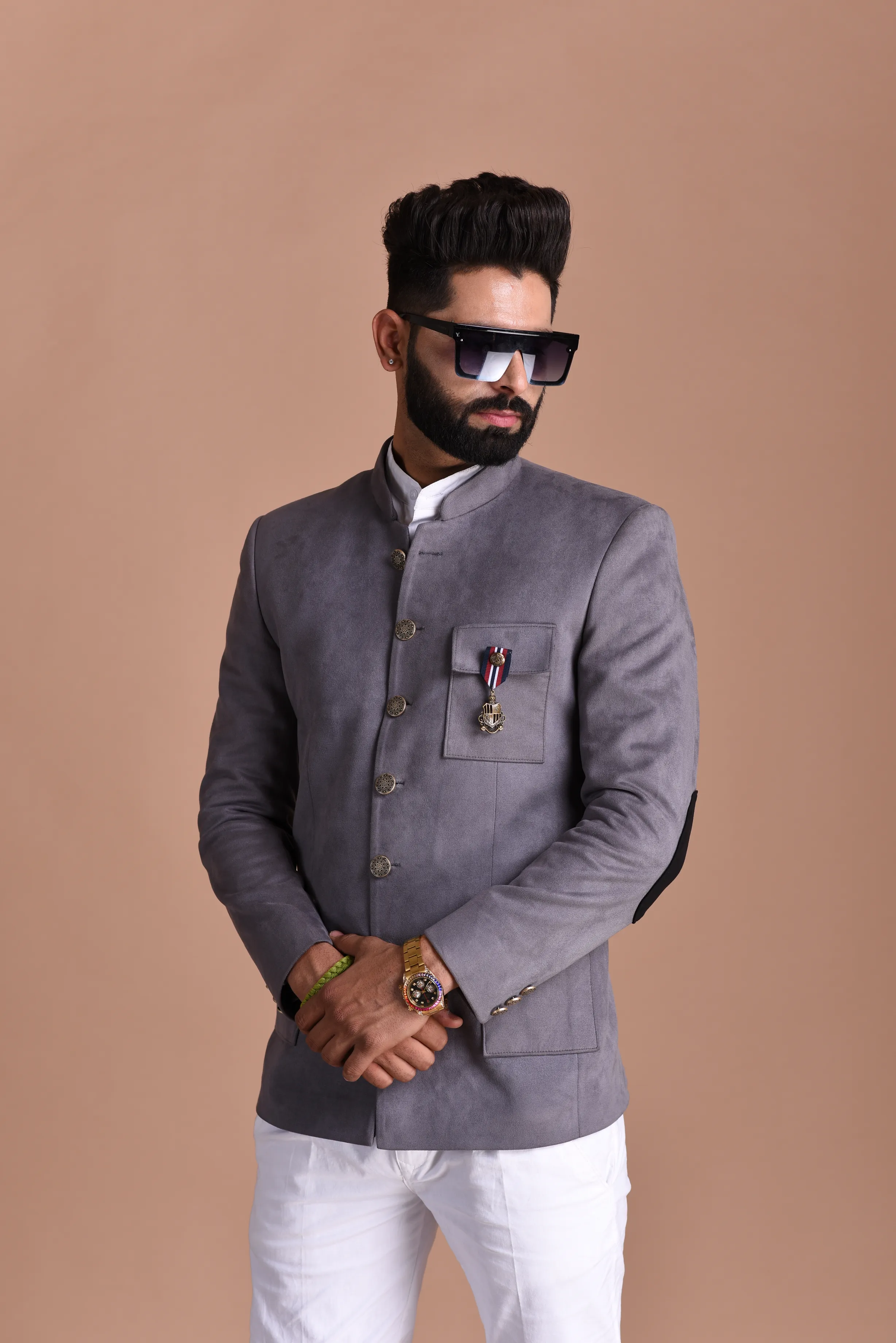 Stunning Grey Suede Leather Designer Jodhpuri Bandhgala with White Trouser | Wedding Functions | Perfect for formal Party Wear