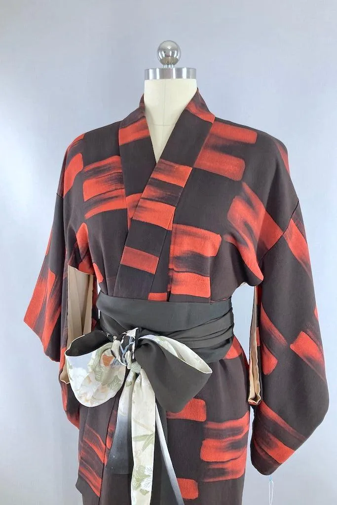 Vintage Black & Terra Cotta Silk Kimono