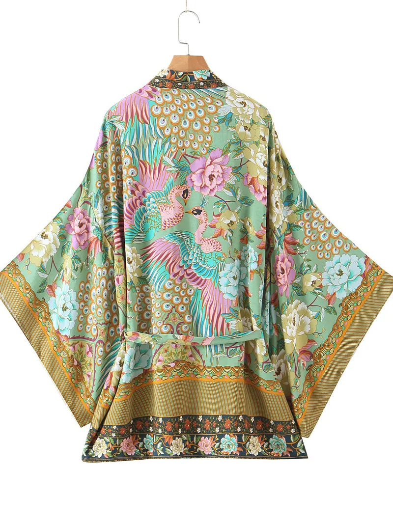 Women's Kimono Floral Birds Print Green Color Cotton Short Gown Kimono Duster